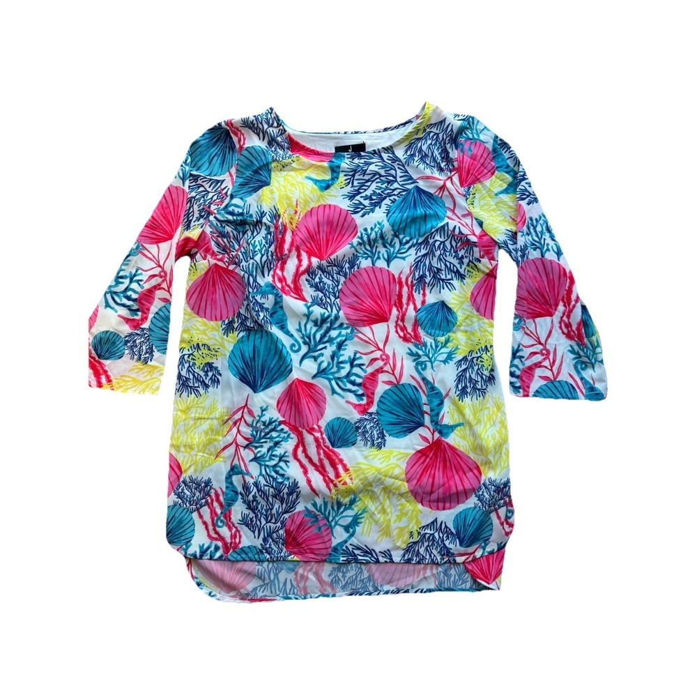 Jason Wu Women's Coastal Seashell Print Tunic Top‎ Sz Small 3/4 Sleeve Beachy